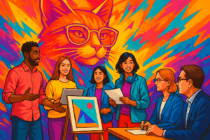 Concours Les Chatons d'Or 2025 – jeunes talents présentant un projet créatif devant un jury avec en fond un chat humanisé très coloré
