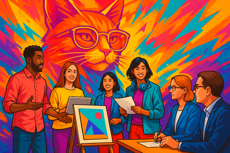 Concours Les Chatons d'Or 2025 – jeunes talents présentant un projet créatif devant un jury avec en fond un chat humanisé très coloré