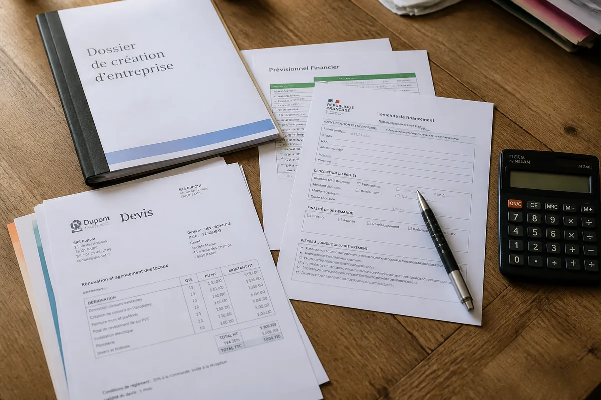 Dossier de création d'entreprise et justificatifs réunis pour une demande d'aide Agefiph de 3 000 euros