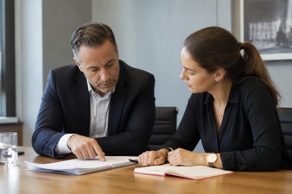 Manager et collaboratrice préparant une délégation de mission dans une salle de réunion