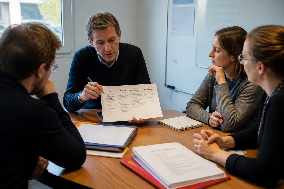 Réunion de régulation entre un manager et plusieurs collaborateurs autour d’un cadre de travail écrit