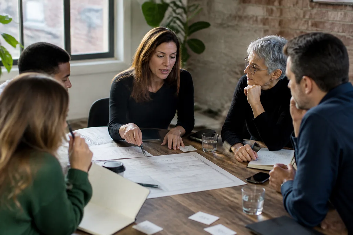 Équipe réunie autour d’un plan de projet pour organiser le travail managérial