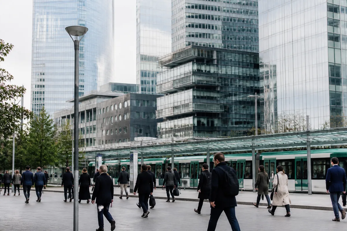Quartier d’affaires français illustrant la concentration des employeurs marketing et les écarts territoriaux de rémunération